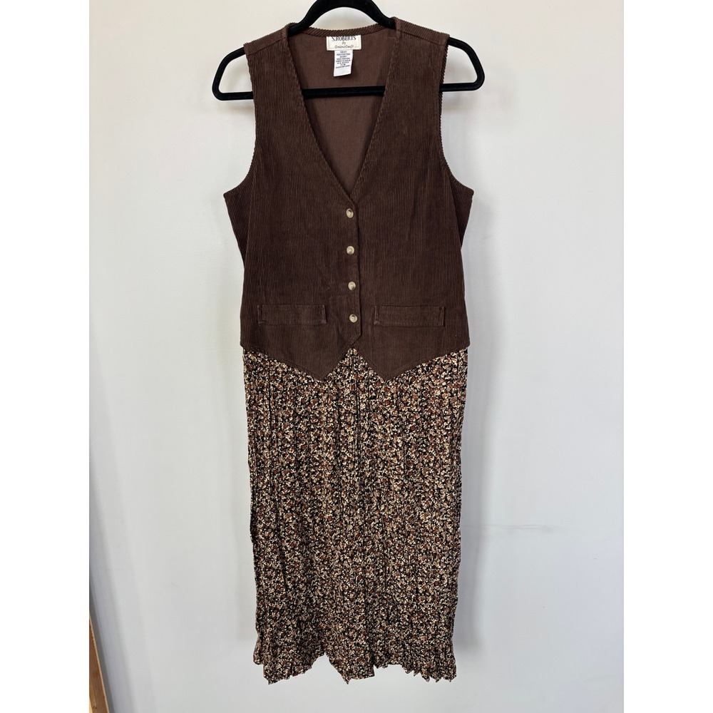 Vintage S. Roberts Corduroy Vest Floral Skirt Midi Dress Brown Cottagecore 7/8